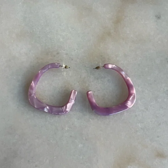 Hoop Earrings Marbled Pink and Purple Acrylic Modern Contemporary Design - Picture 2 of 4